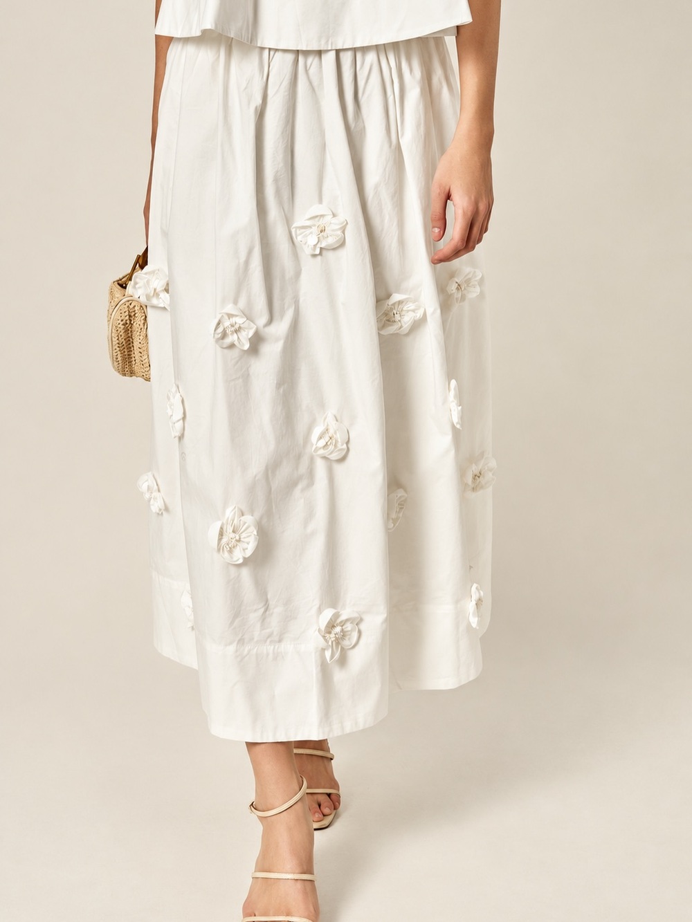English Factory White Maxi Skirt with 3D Floral Accents
